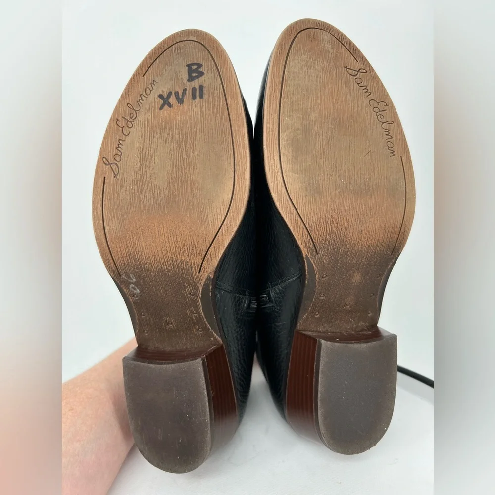 SAM EDELMAN BLACK LEATHER BUCKLE BOOTIES,‎ ALMOND TOE WOODEN HEEL, INSIDE ZIPPER